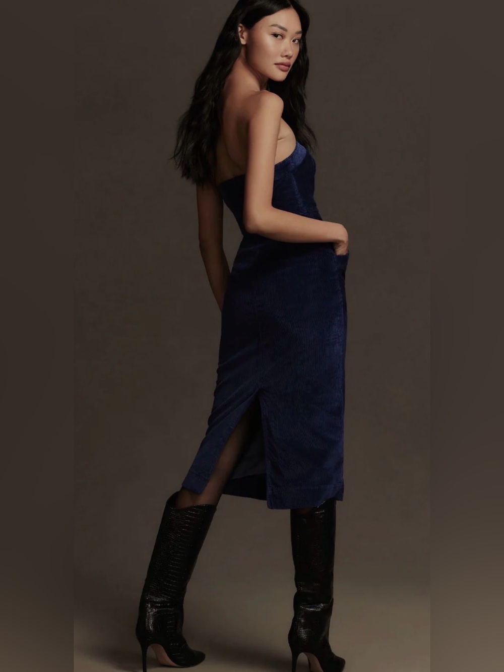Pilcro Strapless Corduroy Slim Midi Dress in Blue Size 2 - Picture 2 of 8